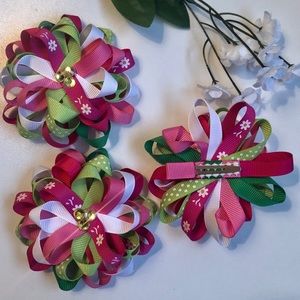Girls ribbon bows set of 3 with jewels